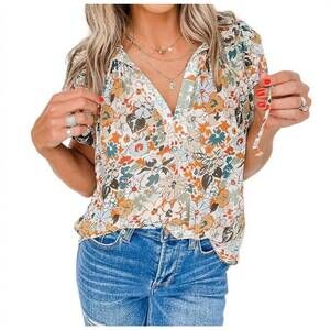 NEW FULL TIME PURCHASE split v neck puff sleeve blouse in beige multi